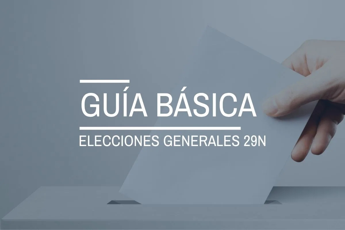 Una mano introduce un sobre en una urna; sobre la imagen, el texto «Guía básica. Elecciones generales 29N»